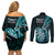 new-zealand-darts-couples-matching-off-shoulder-short-dress-and-long-sleeve-button-shirts-happiness-is-a-tight-threesome-maori-turquoise