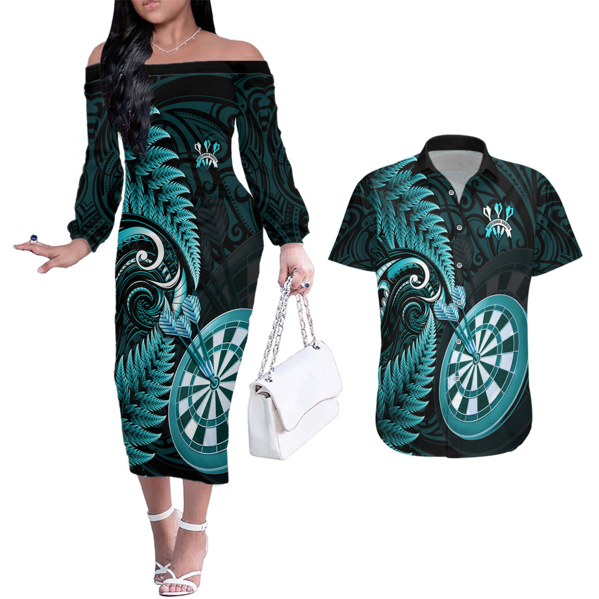 New Zealand Darts Couples Matching Off The Shoulder Long Sleeve Dress and Hawaiian Shirt Happiness Is A Tight Threesome Maori Turquoise LT14 Turquoise - Polynesian Pride