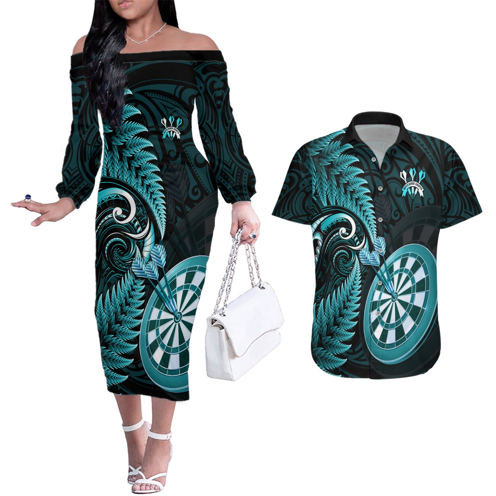 New Zealand Darts Couples Matching Off The Shoulder Long Sleeve Dress and Hawaiian Shirt Happiness Is A Tight Threesome Maori Turquoise LT14 Turquoise - Polynesian Pride