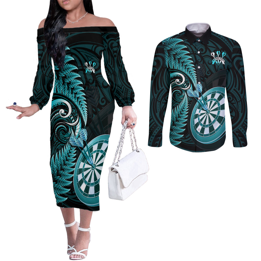 New Zealand Darts Couples Matching Off The Shoulder Long Sleeve Dress and Long Sleeve Button Shirts Happiness Is A Tight Threesome Maori Turquoise LT14 Turquoise - Polynesian Pride