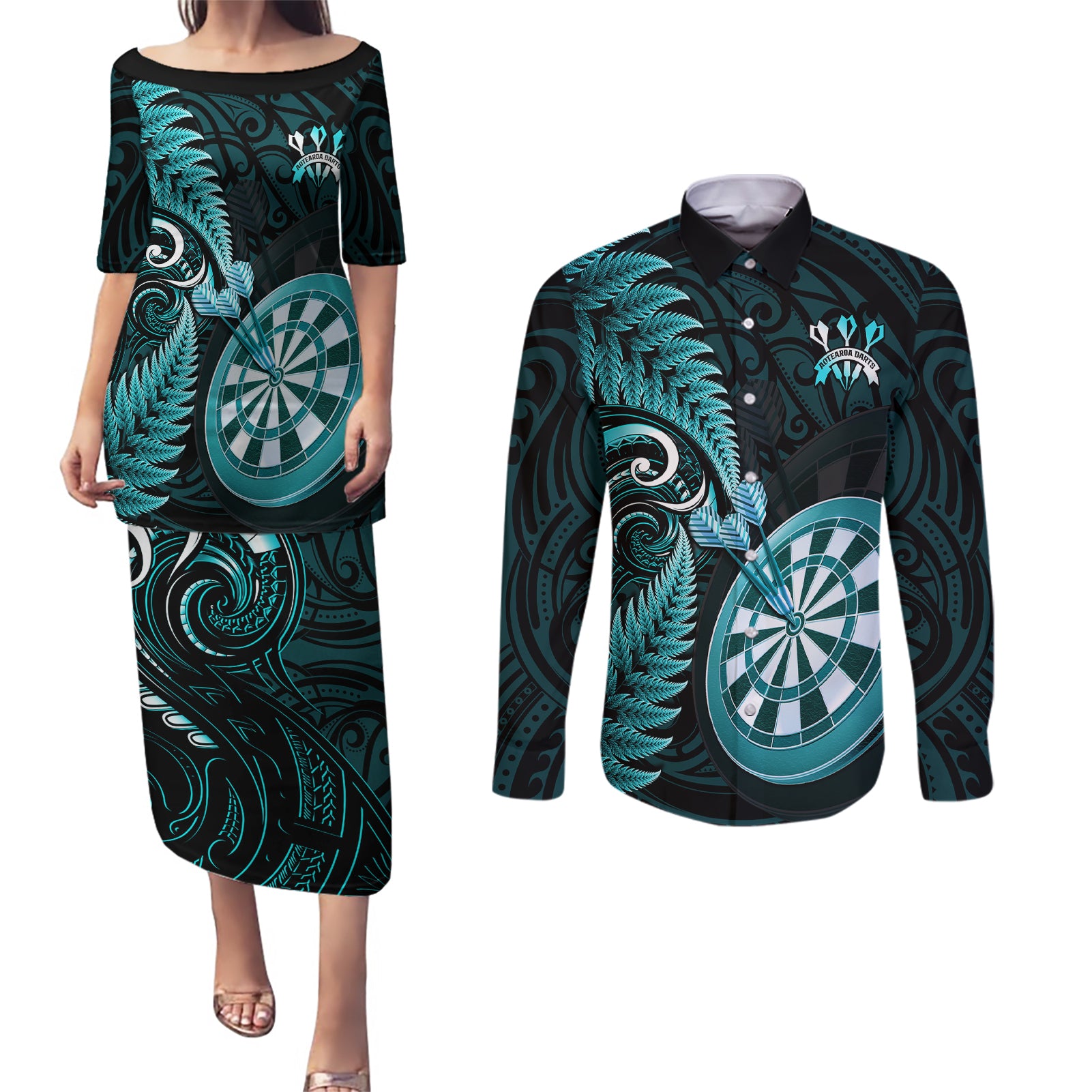 new-zealand-darts-couples-matching-puletasi-dress-and-long-sleeve-button-shirts-happiness-is-a-tight-threesome-maori-turquoise