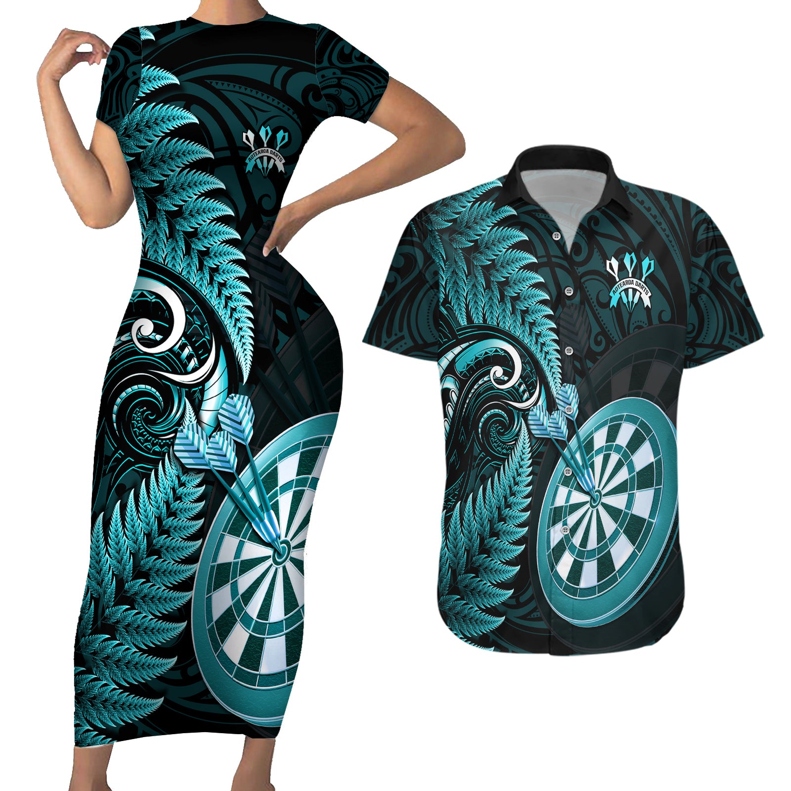 New Zealand Darts Couples Matching Short Sleeve Bodycon Dress and Hawaiian Shirt Happiness Is A Tight Threesome Maori Turquoise LT14 Turquoise - Polynesian Pride