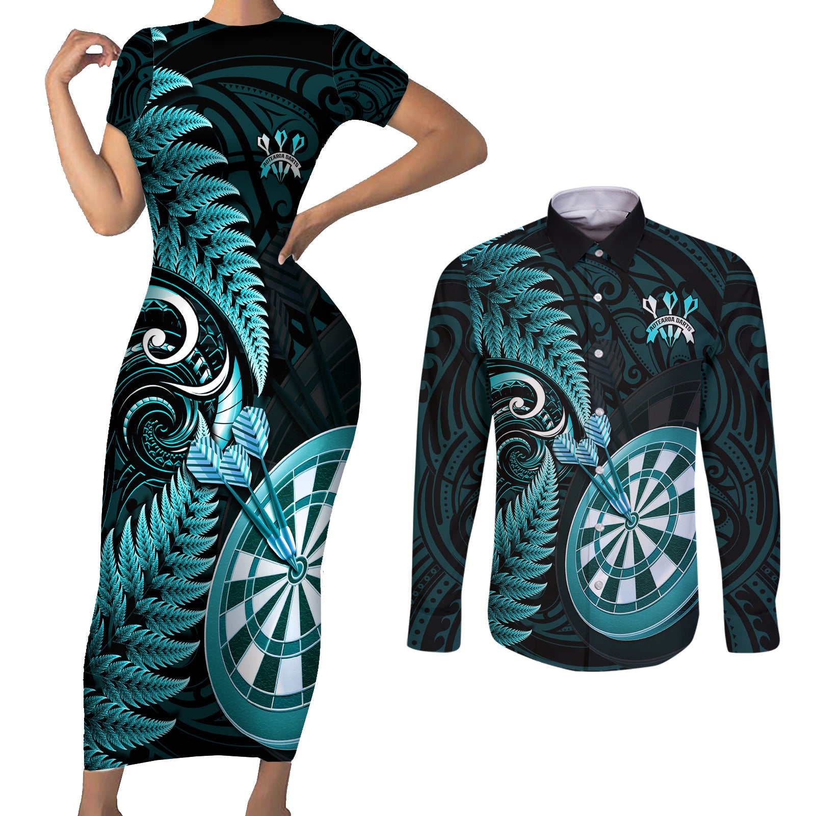 new-zealand-darts-couples-matching-short-sleeve-bodycon-dress-and-long-sleeve-button-shirts-happiness-is-a-tight-threesome-maori-turquoise