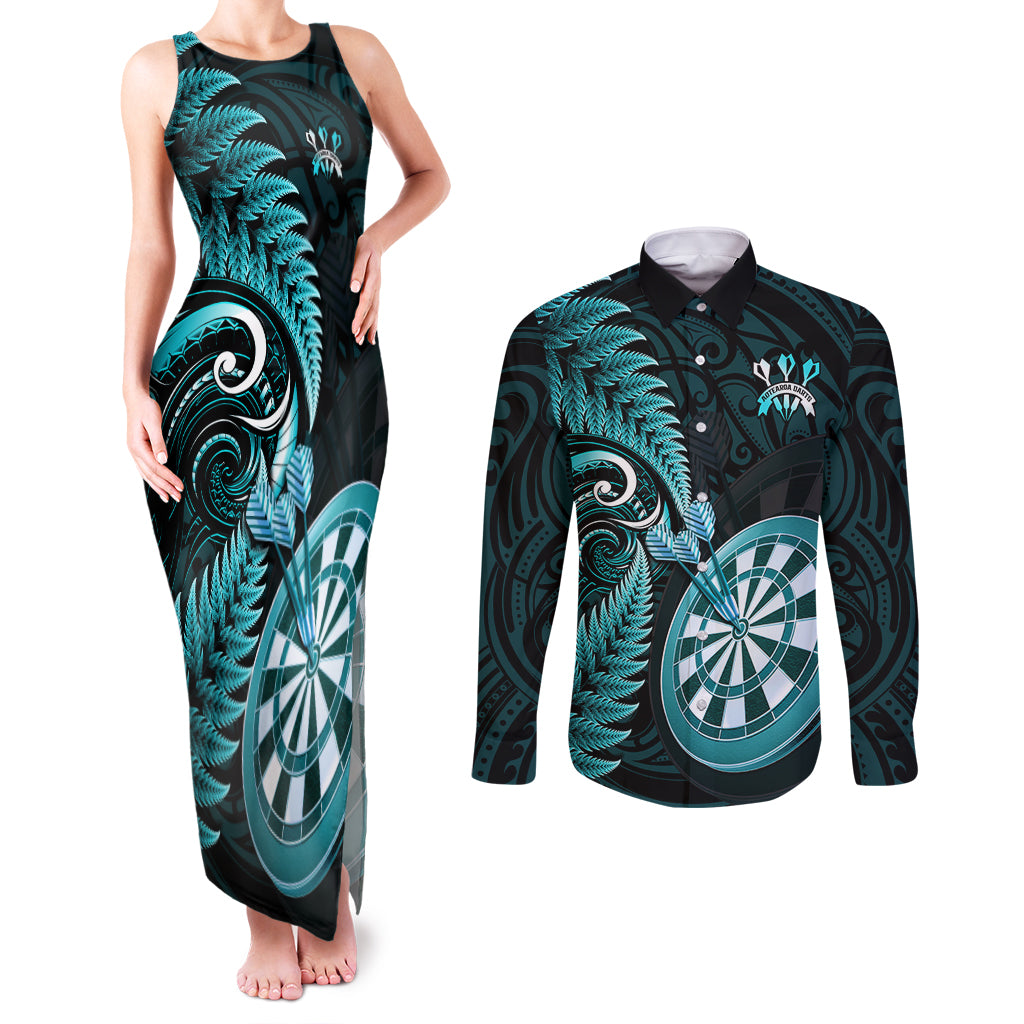 New Zealand Darts Couples Matching Tank Maxi Dress and Long Sleeve Button Shirts Happiness Is A Tight Threesome Maori Turquoise LT14 Turquoise - Polynesian Pride