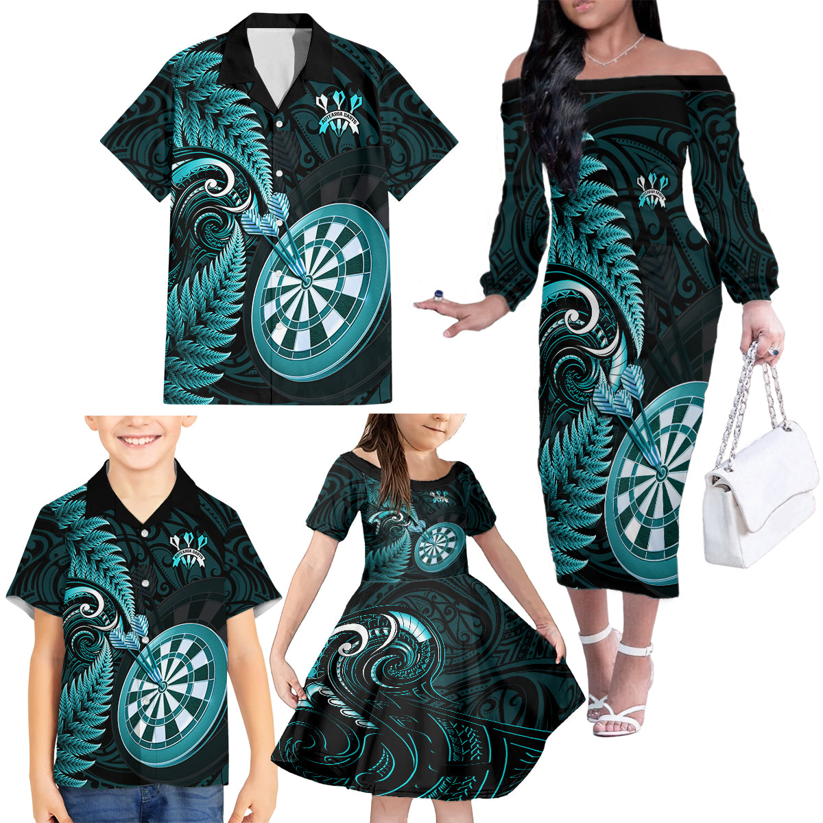 new-zealand-darts-family-matching-off-shoulder-long-sleeve-dress-and-hawaiian-shirt-happiness-is-a-tight-threesome-maori-turquoise