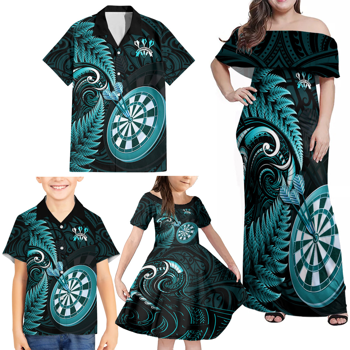 new-zealand-darts-family-matching-off-shoulder-maxi-dress-and-hawaiian-shirt-happiness-is-a-tight-threesome-maori-turquoise