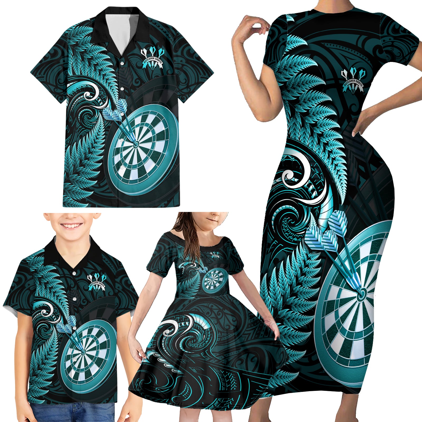 new-zealand-darts-family-matching-short-sleeve-bodycon-dress-and-hawaiian-shirt-happiness-is-a-tight-threesome-maori-turquoise