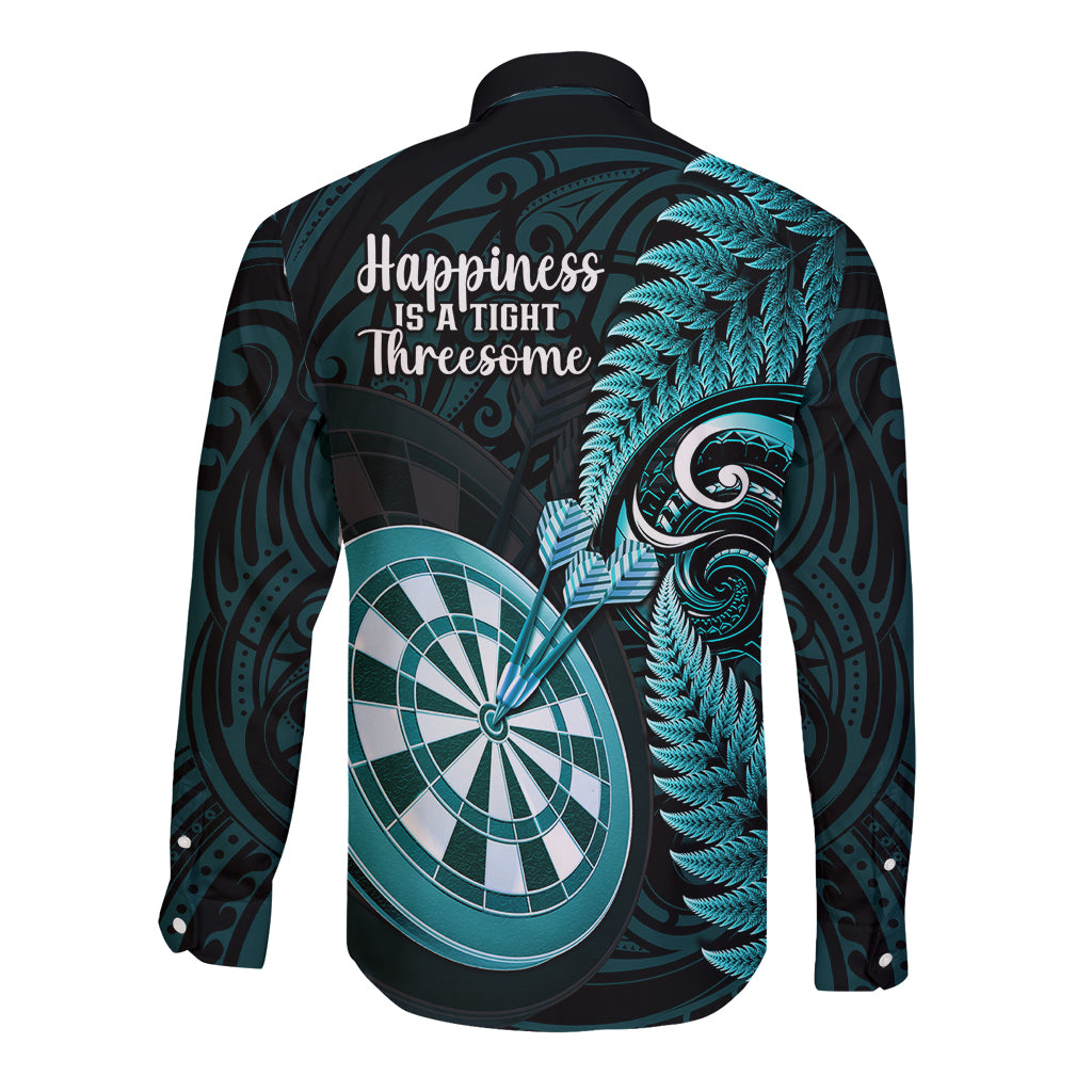 New Zealand Darts Long Sleeve Button Shirt Happiness Is A Tight Threesome Maori Turquoise LT14 - Polynesian Pride
