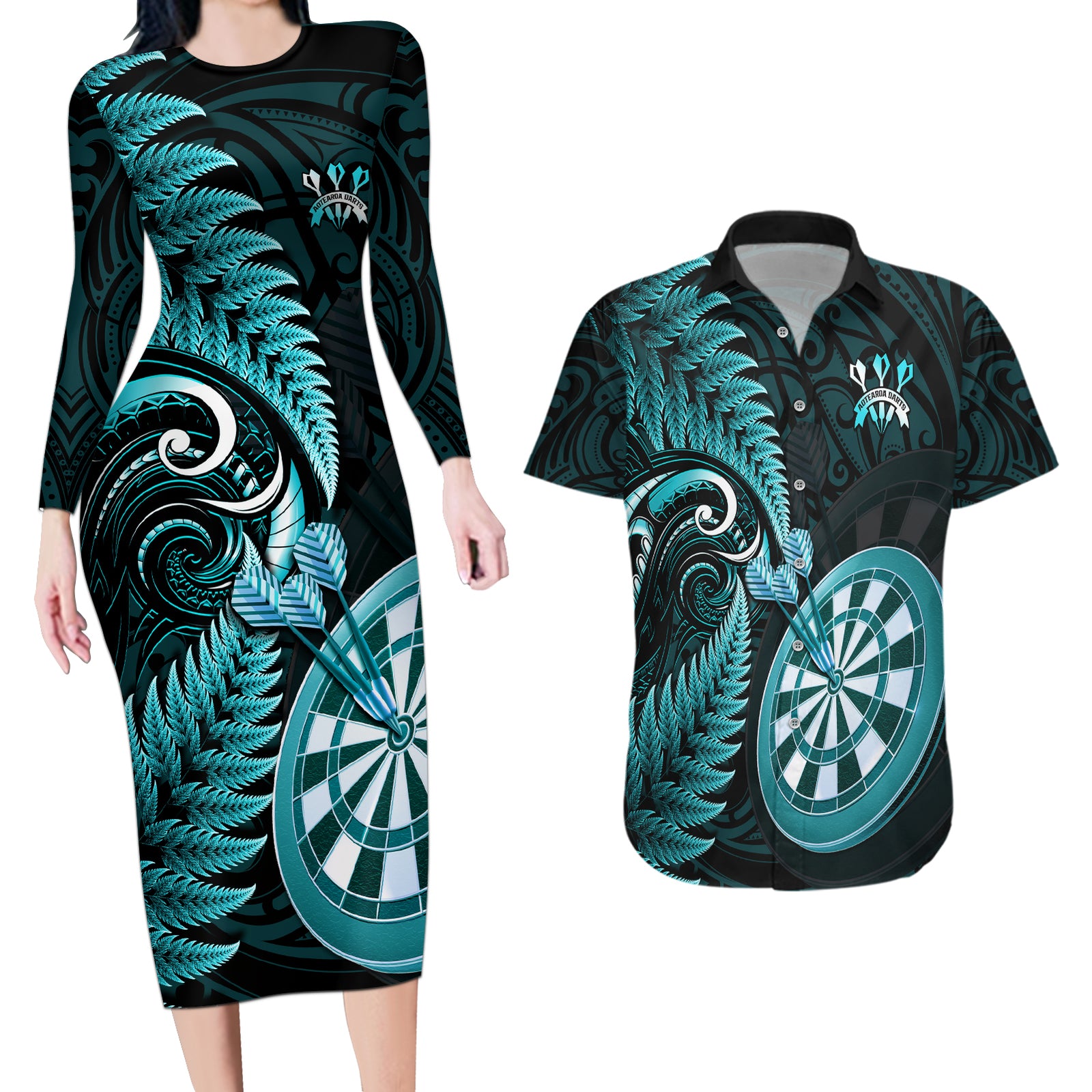 Personalised New Zealand Darts Couples Matching Long Sleeve Bodycon Dress and Hawaiian Shirt Happiness Is A Tight Threesome Maori Turquoise LT14 Turquoise - Polynesian Pride