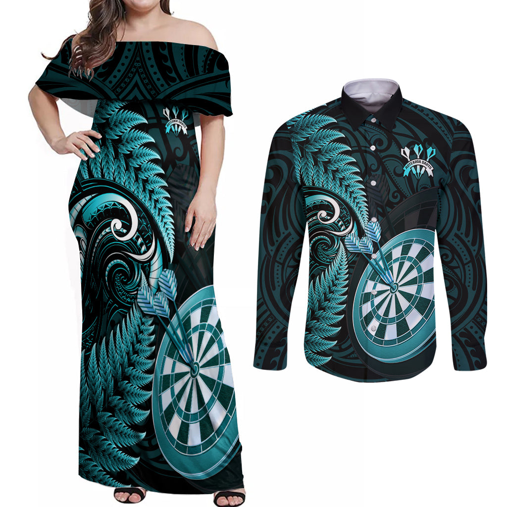 Personalised New Zealand Darts Couples Matching Off Shoulder Maxi Dress and Long Sleeve Button Shirts Happiness Is A Tight Threesome Maori Turquoise LT14 Turquoise - Polynesian Pride
