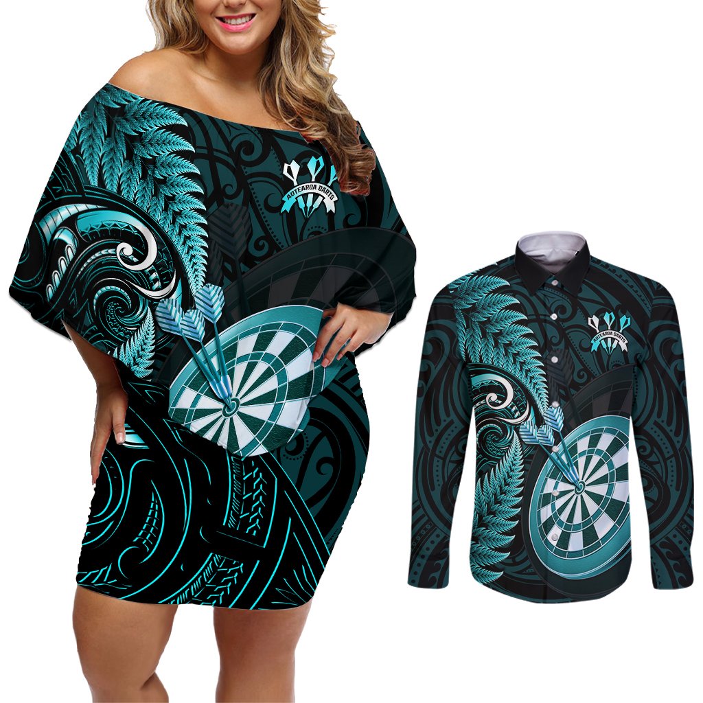 Personalised New Zealand Darts Couples Matching Off Shoulder Short Dress and Long Sleeve Button Shirts Happiness Is A Tight Threesome Maori Turquoise LT14 Turquoise - Polynesian Pride