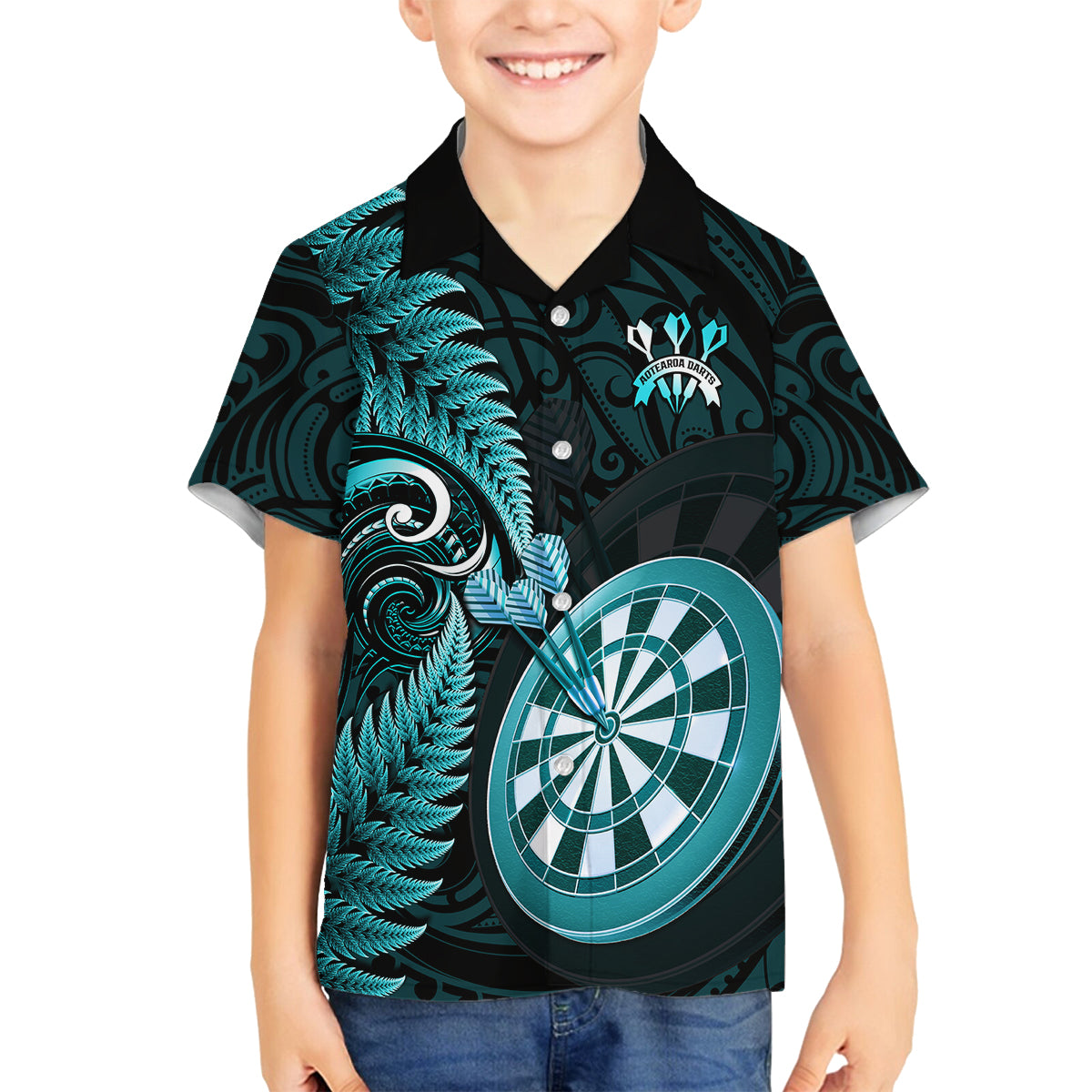 Personalised New Zealand Darts Kid Hawaiian Shirt Happiness Is A Tight Threesome Maori Turquoise LT14 - Polynesian Pride