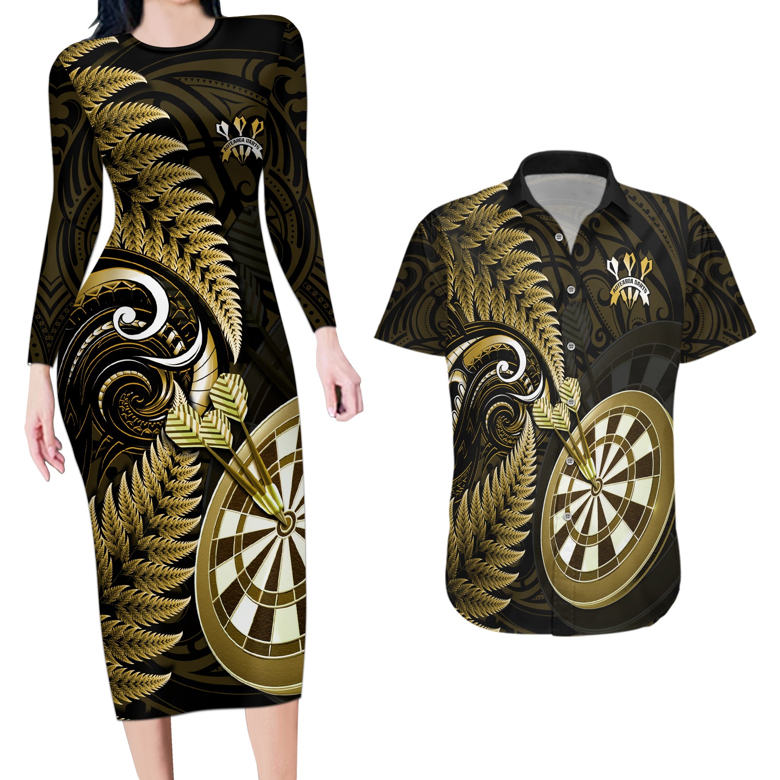 new-zealand-darts-couples-matching-long-sleeve-bodycon-dress-and-hawaiian-shirt-happiness-is-a-tight-threesome-maori-gold