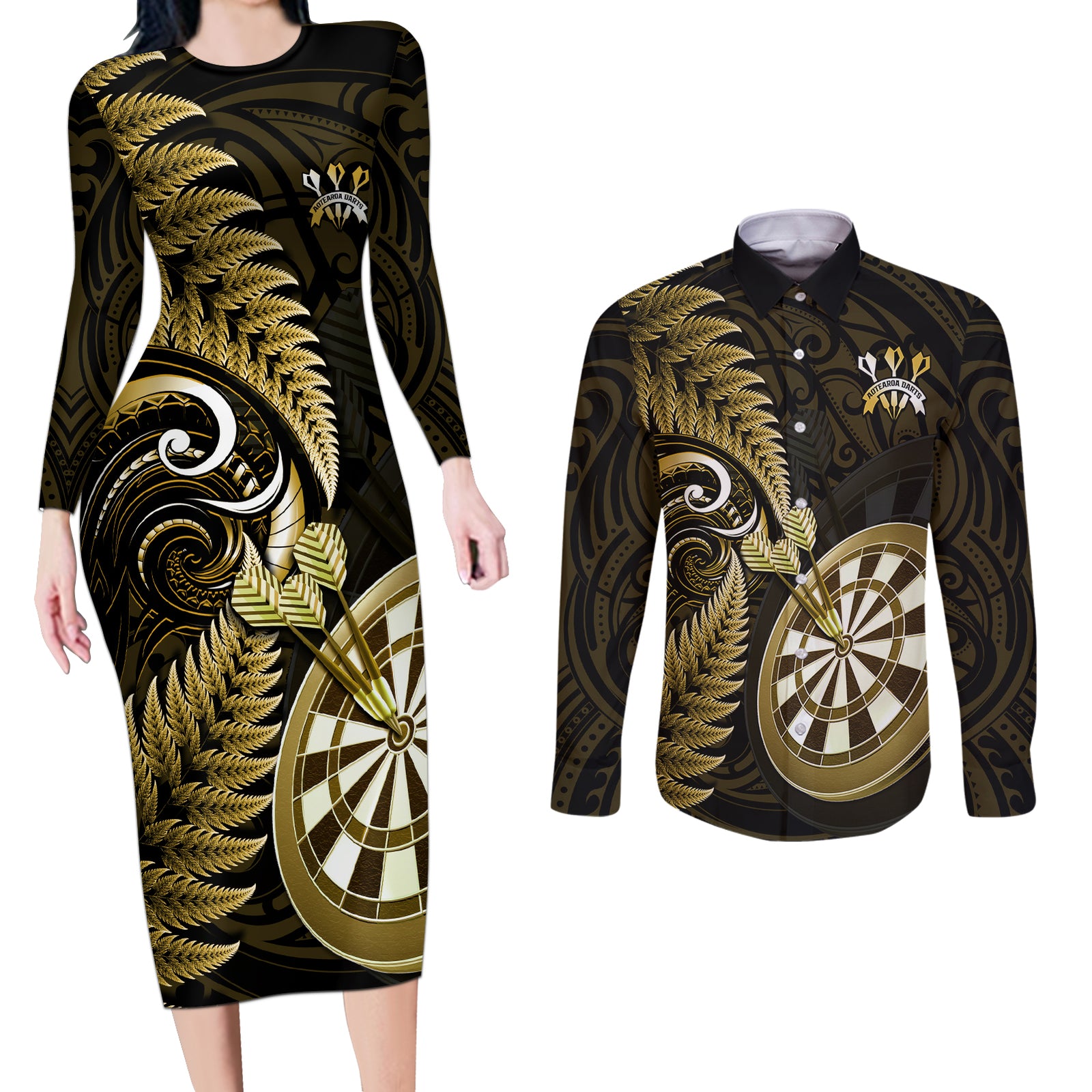 New Zealand Darts Couples Matching Long Sleeve Bodycon Dress and Long Sleeve Button Shirts Happiness Is A Tight Threesome Maori Gold LT14 Gold - Polynesian Pride