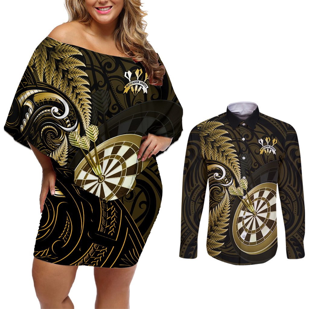 New Zealand Darts Couples Matching Off Shoulder Short Dress and Long Sleeve Button Shirts Happiness Is A Tight Threesome Maori Gold LT14 Gold - Polynesian Pride