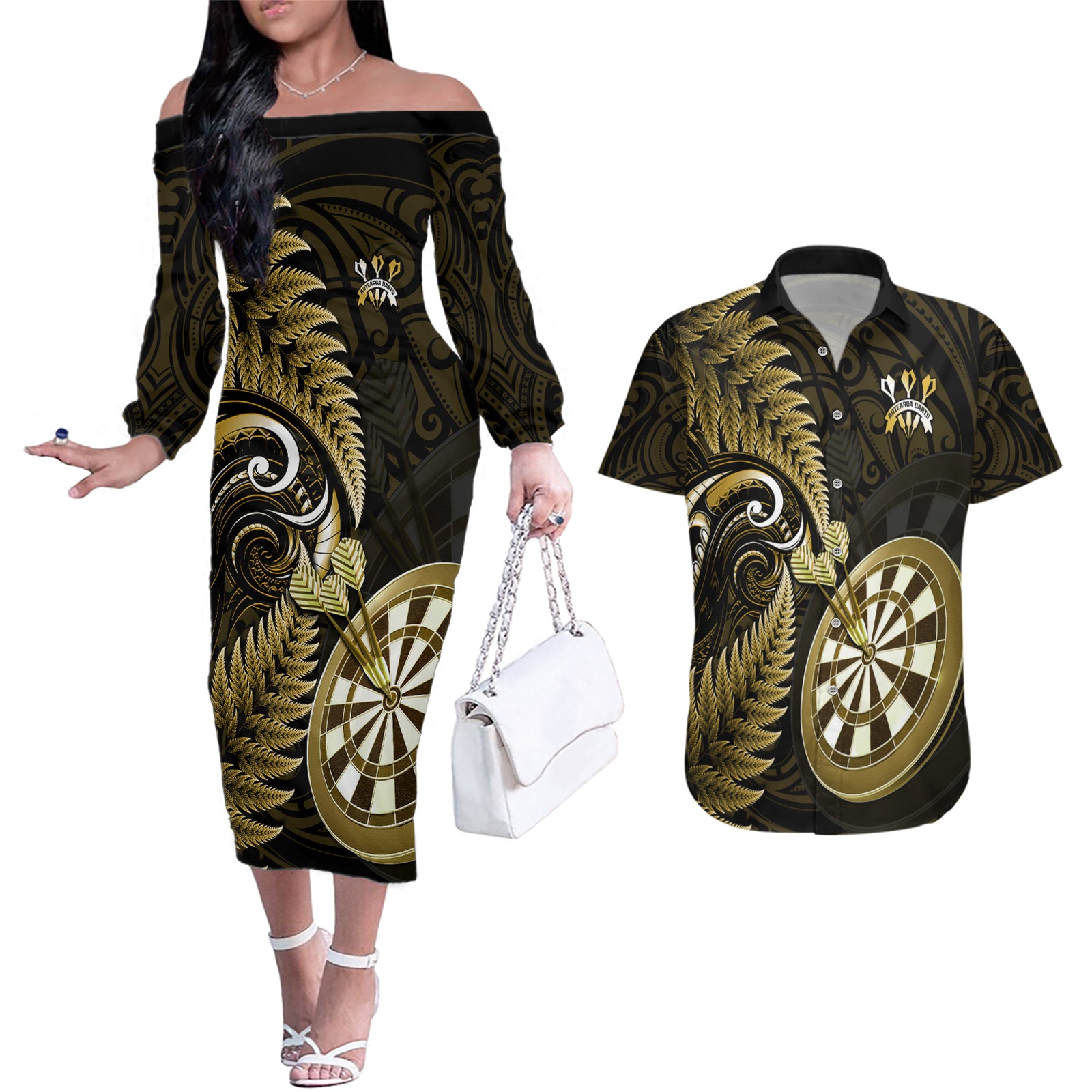 New Zealand Darts Couples Matching Off The Shoulder Long Sleeve Dress and Hawaiian Shirt Happiness Is A Tight Threesome Maori Gold LT14 Gold - Polynesian Pride