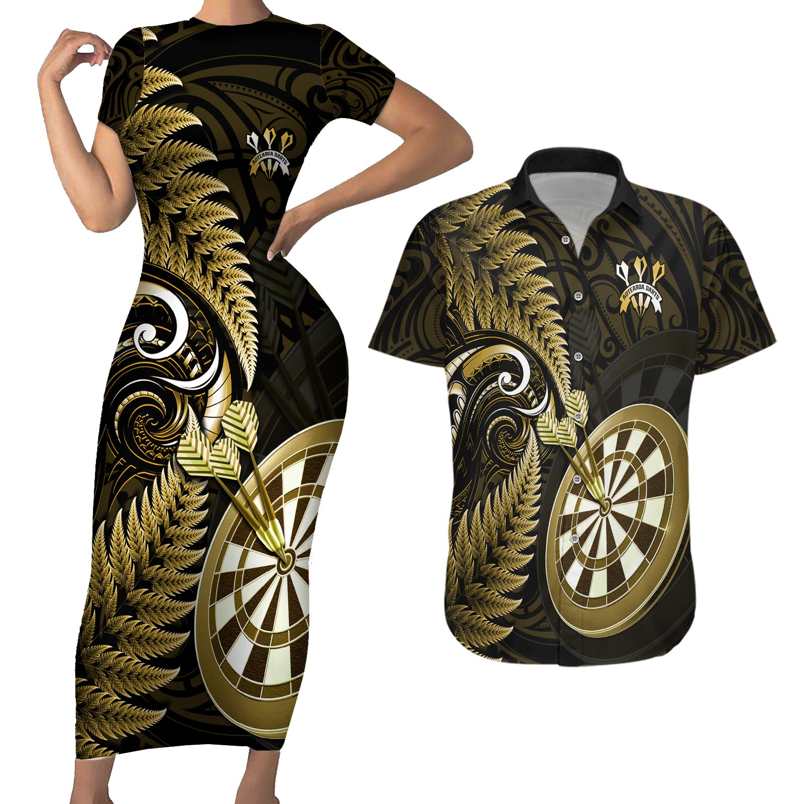 New Zealand Darts Couples Matching Short Sleeve Bodycon Dress and Hawaiian Shirt Happiness Is A Tight Threesome Maori Gold LT14 Gold - Polynesian Pride