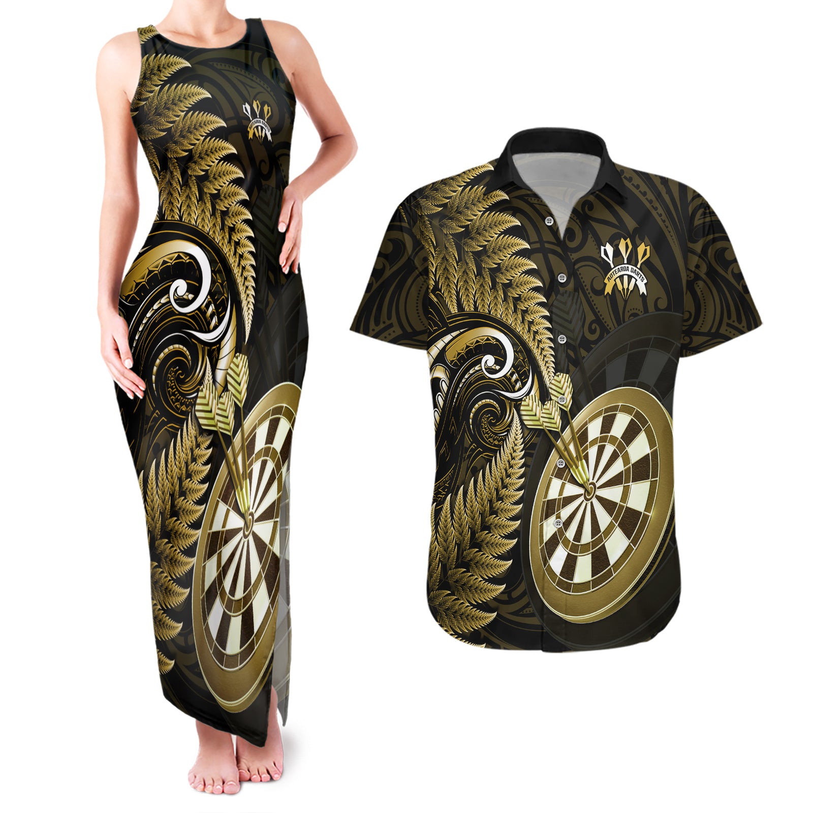 New Zealand Darts Couples Matching Tank Maxi Dress and Hawaiian Shirt Happiness Is A Tight Threesome Maori Gold LT14 Gold - Polynesian Pride