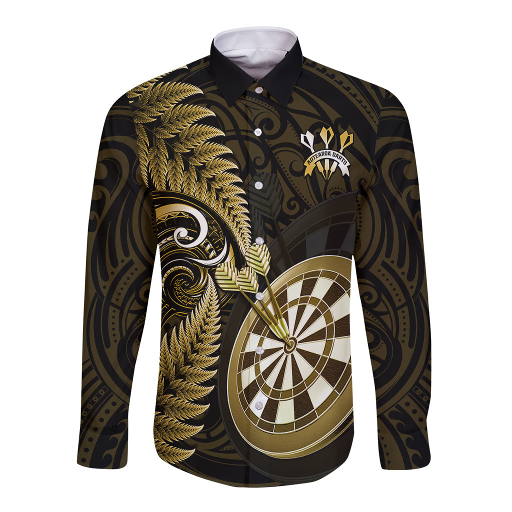 New Zealand Darts Long Sleeve Button Shirt Happiness Is A Tight Threesome Maori Gold LT14 Unisex Gold - Polynesian Pride