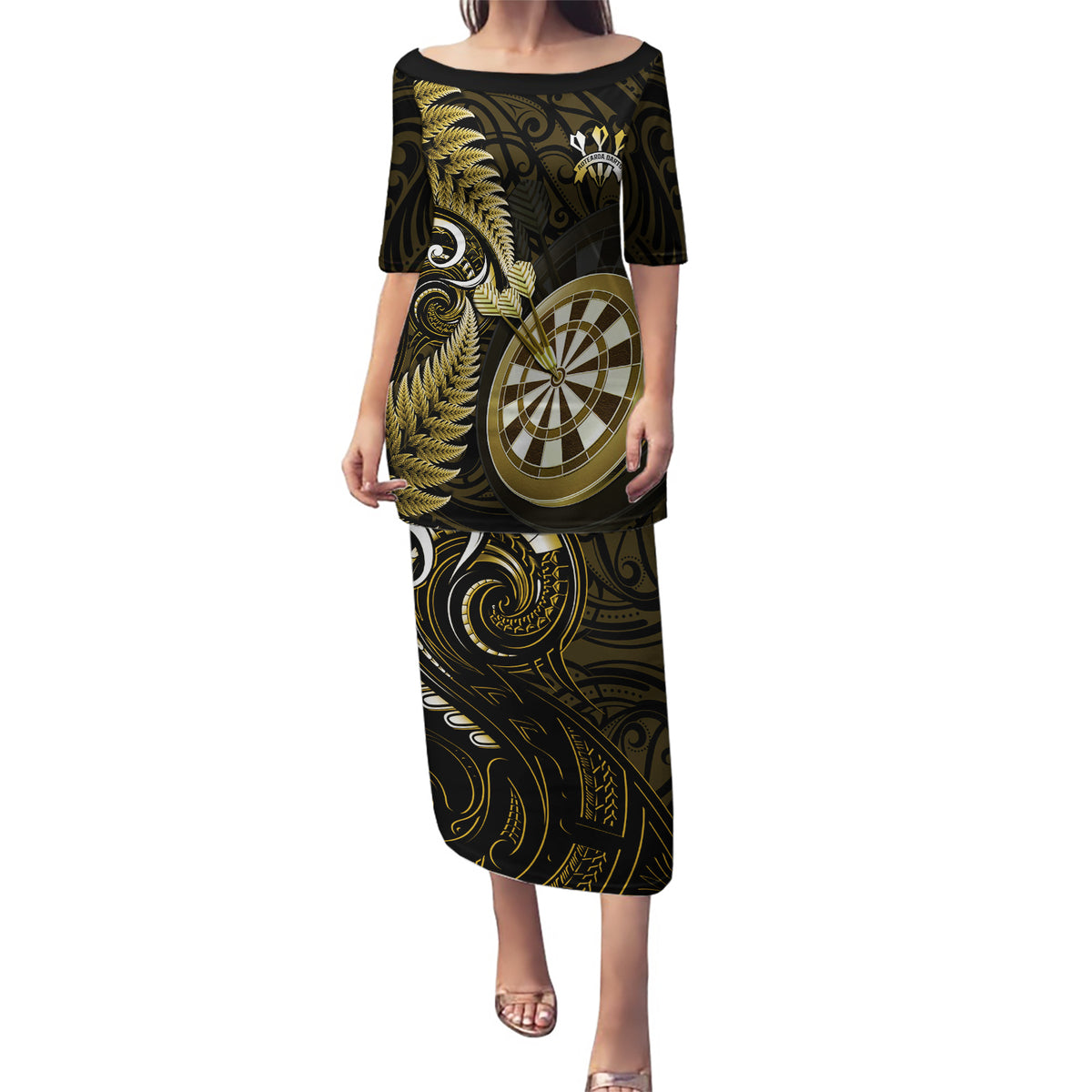 New Zealand Darts Puletasi Happiness Is A Tight Threesome Maori Gold LT14 Long Dress Gold - Polynesian Pride