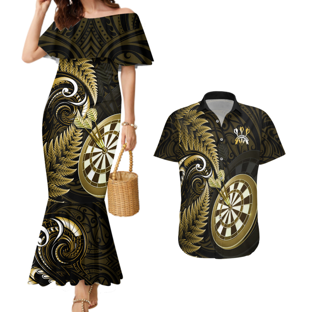 Personalised New Zealand Darts Couples Matching Mermaid Dress and Hawaiian Shirt Happiness Is A Tight Threesome Maori Gold LT14 Gold - Polynesian Pride