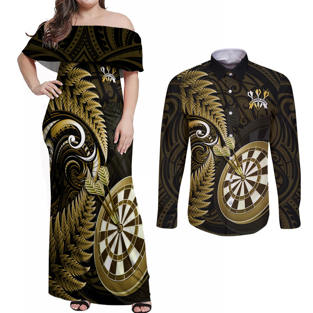 Personalised New Zealand Darts Couples Matching Off Shoulder Maxi Dress and Long Sleeve Button Shirts Happiness Is A Tight Threesome Maori Gold LT14 Gold - Polynesian Pride