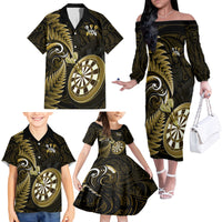 Personalised New Zealand Darts Family Matching Off Shoulder Long Sleeve Dress and Hawaiian Shirt Happiness Is A Tight Threesome Maori Gold LT14 - Polynesian Pride