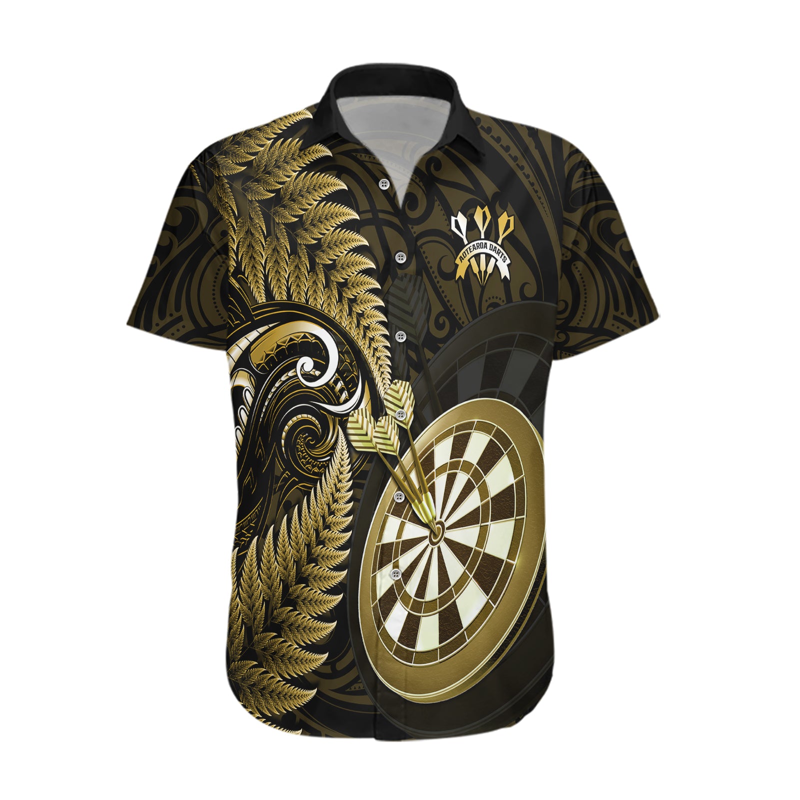 Personalised New Zealand Darts Hawaiian Shirt Happiness Is A Tight Threesome Maori Gold LT14 Gold - Polynesian Pride