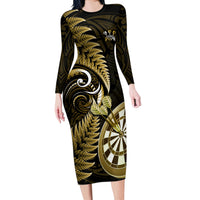 Personalised New Zealand Darts Long Sleeve Bodycon Dress Happiness Is A Tight Threesome Maori Gold LT14 Long Dress Gold - Polynesian Pride