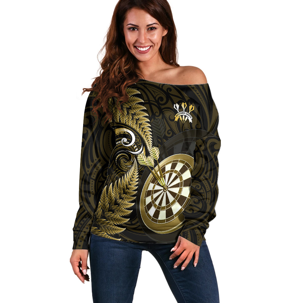 Personalised New Zealand Darts Off Shoulder Sweater Happiness Is A Tight Threesome Maori Gold LT14 Women Gold - Polynesian Pride