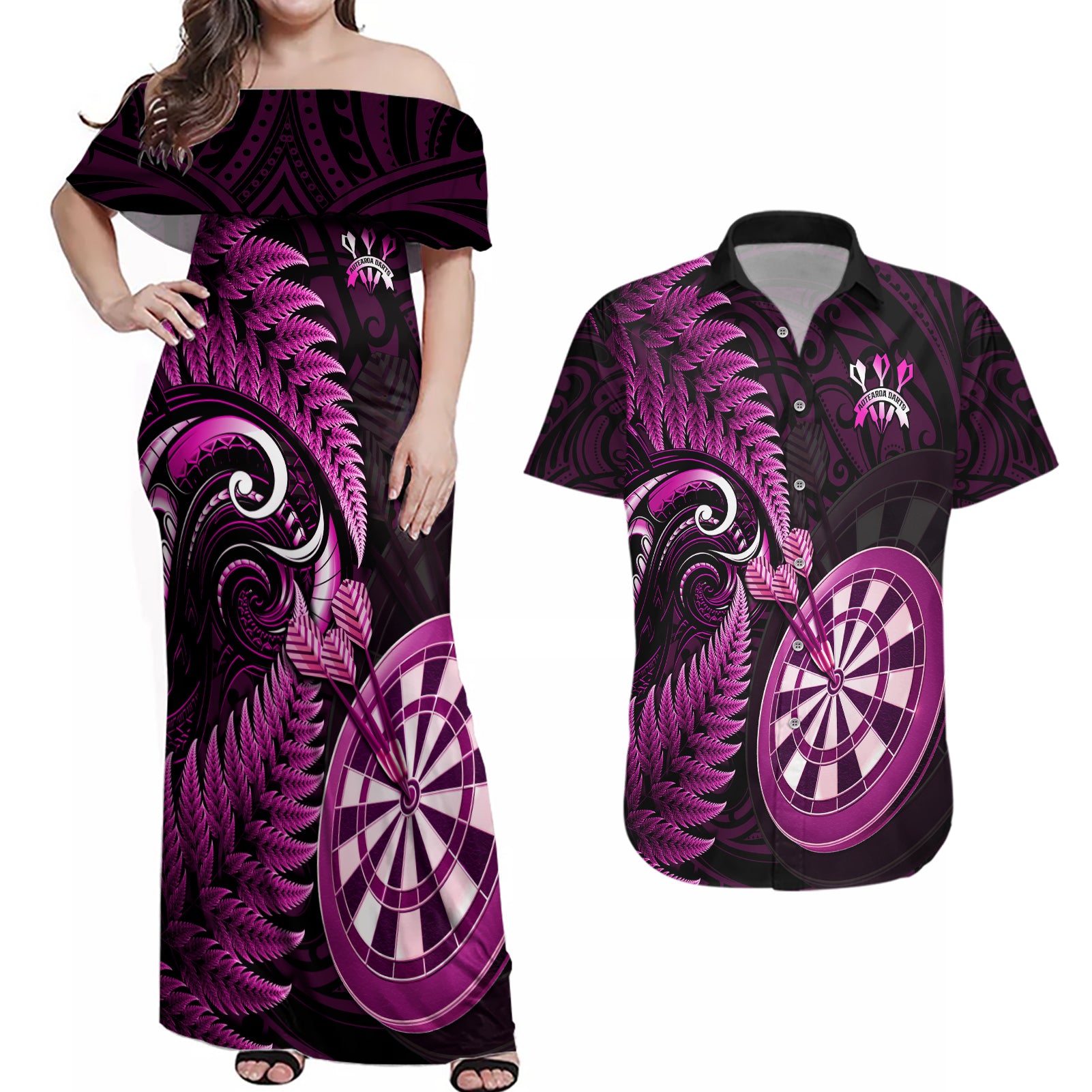 New Zealand Darts Couples Matching Off Shoulder Maxi Dress and Hawaiian Shirt Happiness Is A Tight Threesome Maori Pink LT14 Pink - Polynesian Pride