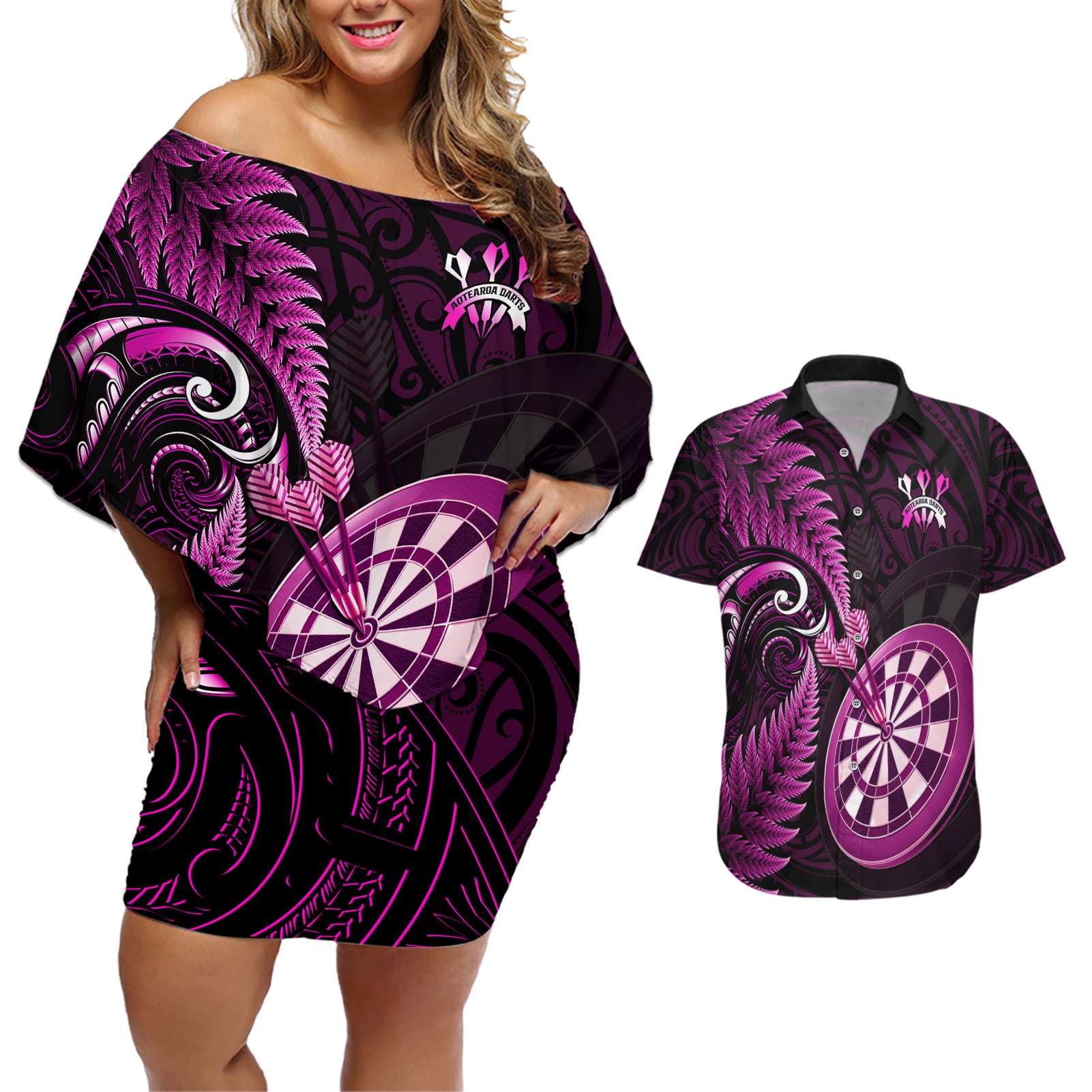 New Zealand Darts Couples Matching Off Shoulder Short Dress and Hawaiian Shirt Happiness Is A Tight Threesome Maori Pink LT14 Pink - Polynesian Pride