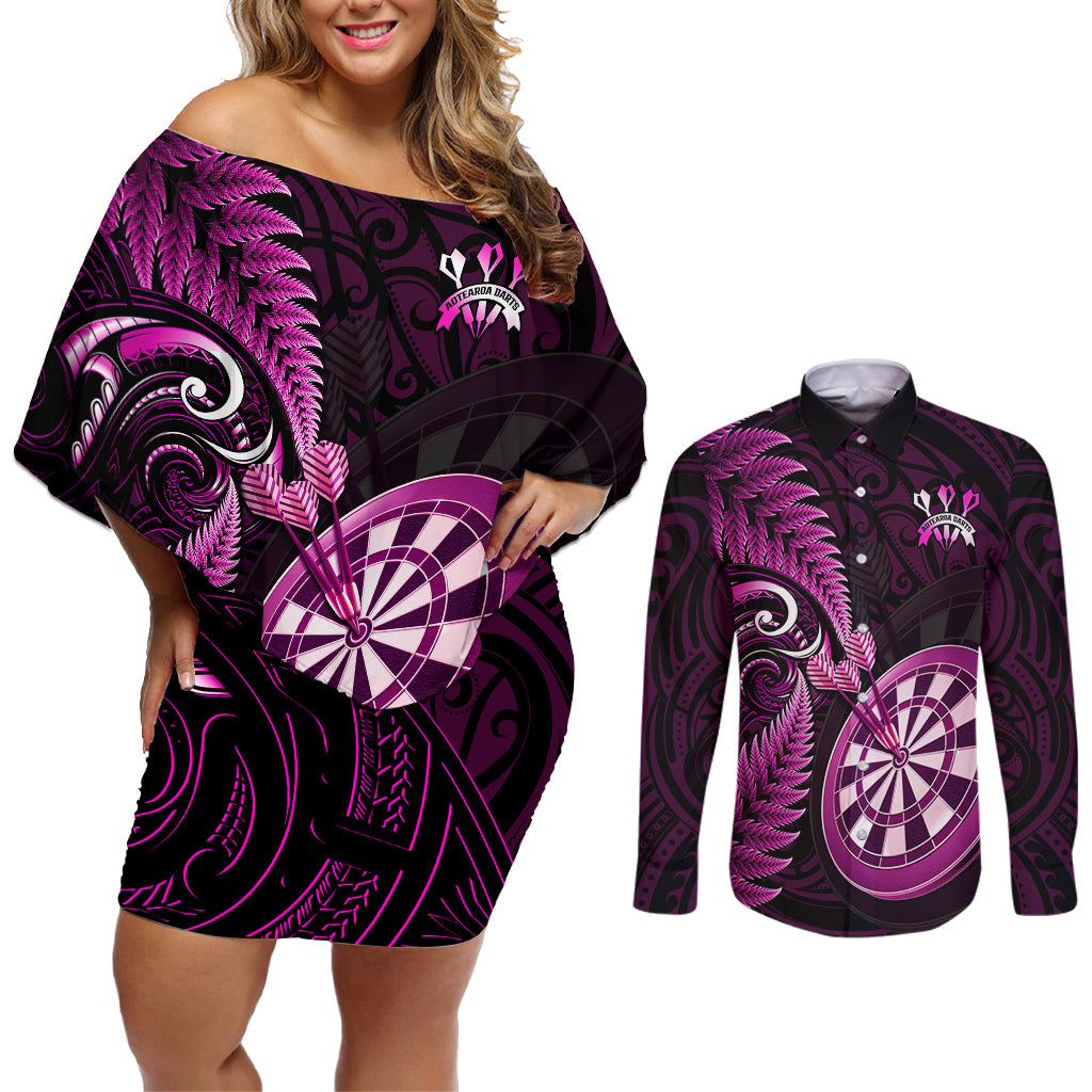 New Zealand Darts Couples Matching Off Shoulder Short Dress and Long Sleeve Button Shirts Happiness Is A Tight Threesome Maori Pink LT14 Pink - Polynesian Pride