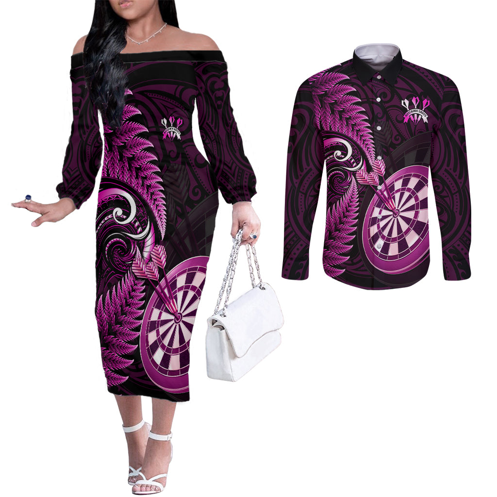 New Zealand Darts Couples Matching Off The Shoulder Long Sleeve Dress and Long Sleeve Button Shirts Happiness Is A Tight Threesome Maori Pink LT14 Pink - Polynesian Pride