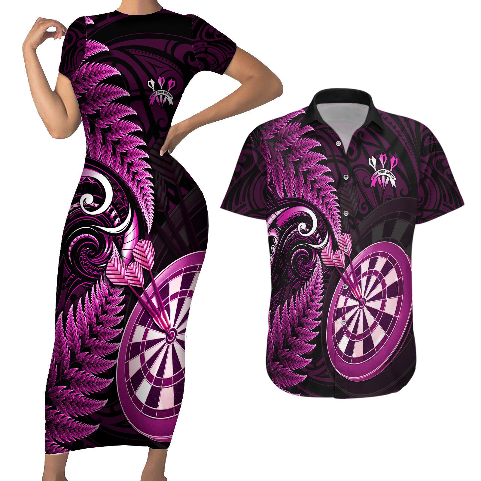 New Zealand Darts Couples Matching Short Sleeve Bodycon Dress and Hawaiian Shirt Happiness Is A Tight Threesome Maori Pink LT14 Pink - Polynesian Pride