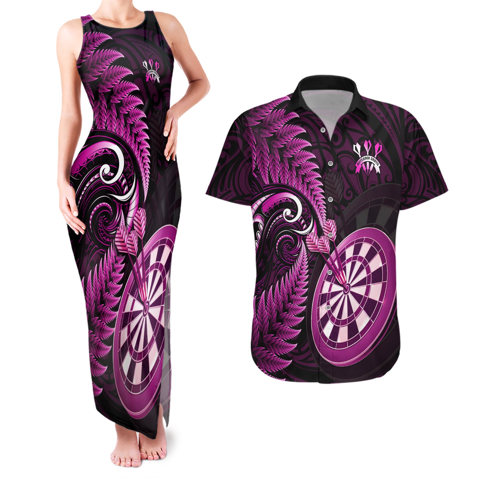 New Zealand Darts Couples Matching Tank Maxi Dress and Hawaiian Shirt Happiness Is A Tight Threesome Maori Pink LT14 Pink - Polynesian Pride