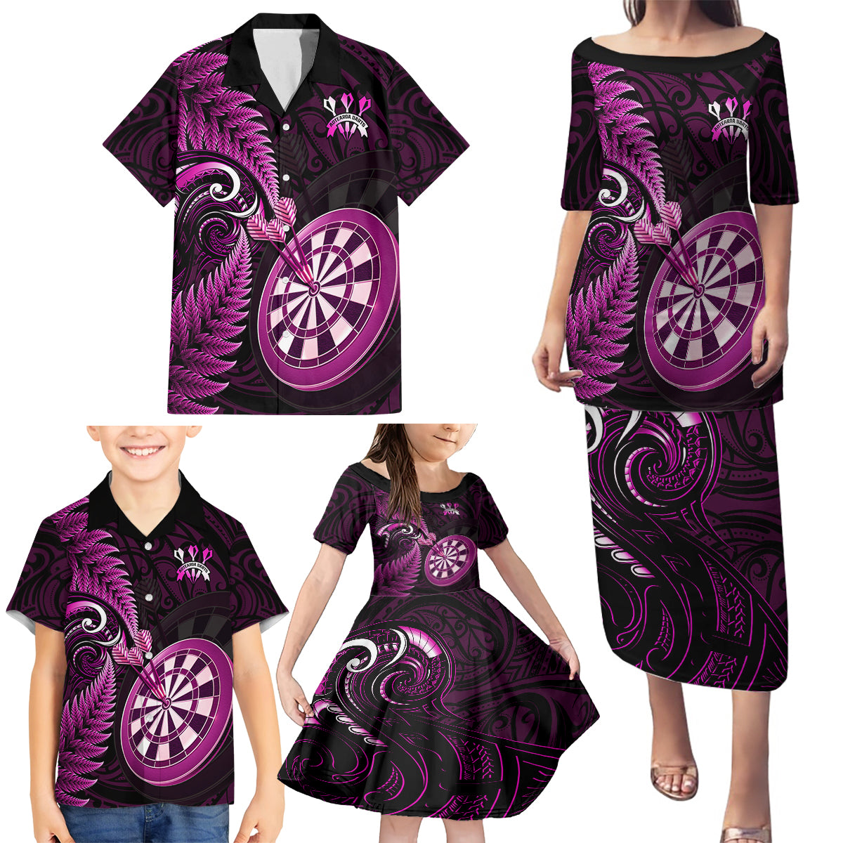 New Zealand Darts Family Matching Puletasi Dress and Hawaiian Shirt Happiness Is A Tight Threesome Maori Pink LT14 - Polynesian Pride