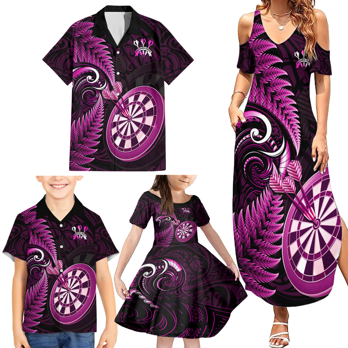 New Zealand Darts Family Matching Summer Maxi Dress and Hawaiian Shirt Happiness Is A Tight Threesome Maori Pink LT14 - Polynesian Pride