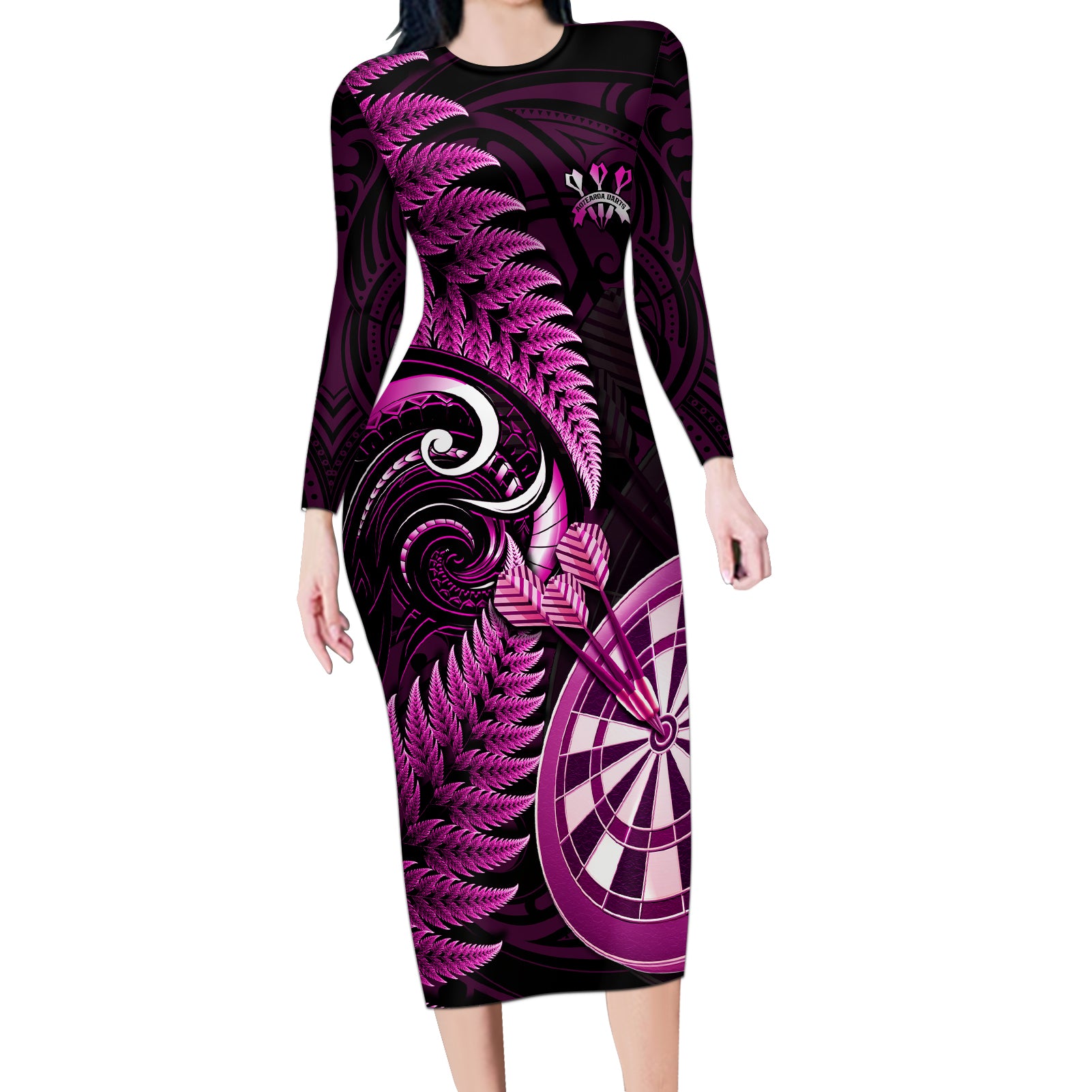 New Zealand Darts Long Sleeve Bodycon Dress Happiness Is A Tight Threesome Maori Pink LT14 Long Dress Pink - Polynesian Pride