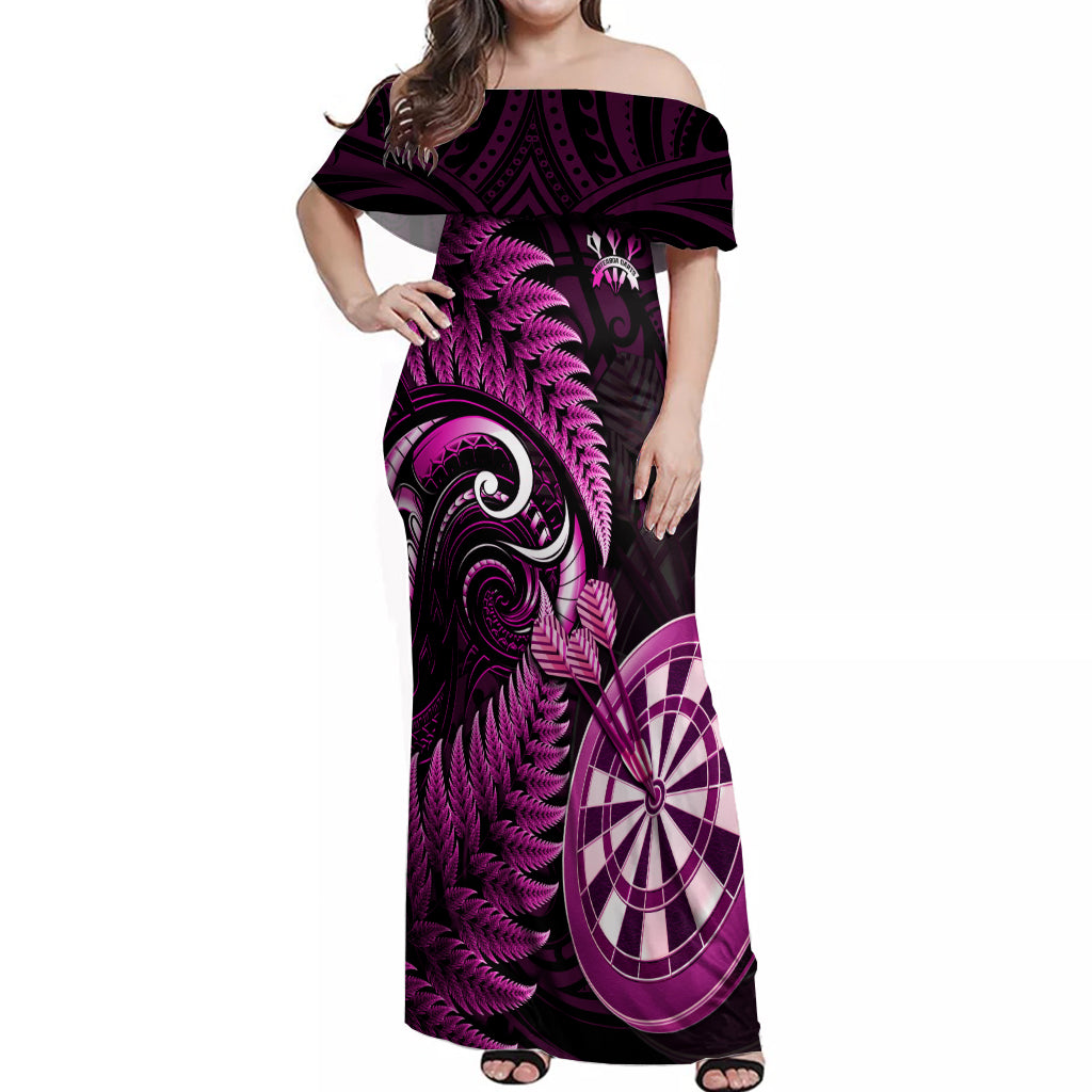 New Zealand Darts Off Shoulder Maxi Dress Happiness Is A Tight Threesome Maori Pink LT14 Women Pink - Polynesian Pride