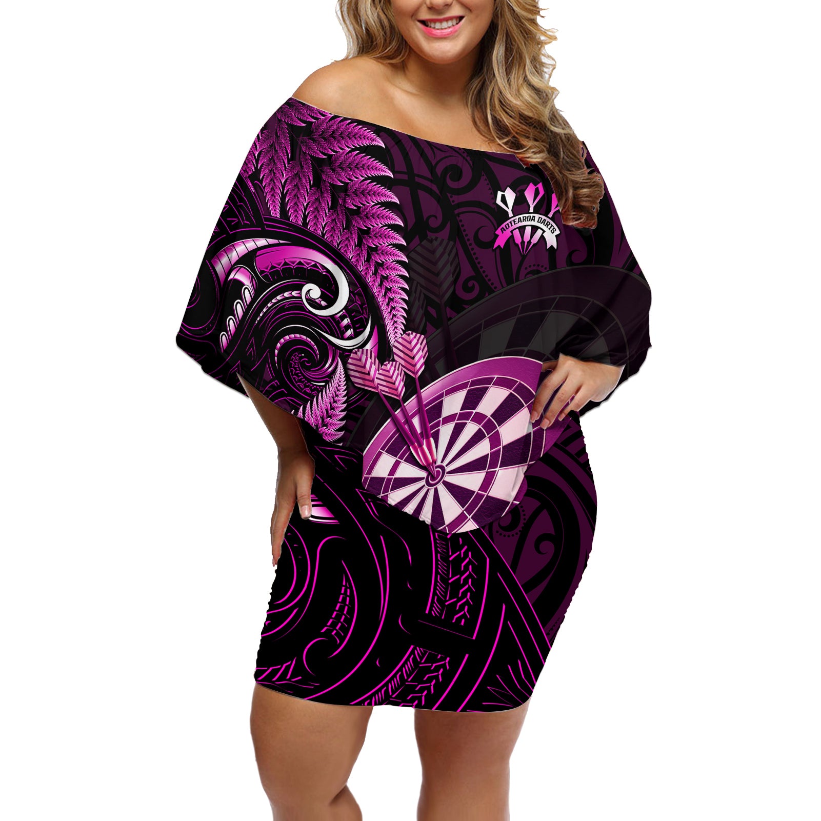 New Zealand Darts Off Shoulder Short Dress Happiness Is A Tight Threesome Maori Pink LT14 Women Pink - Polynesian Pride