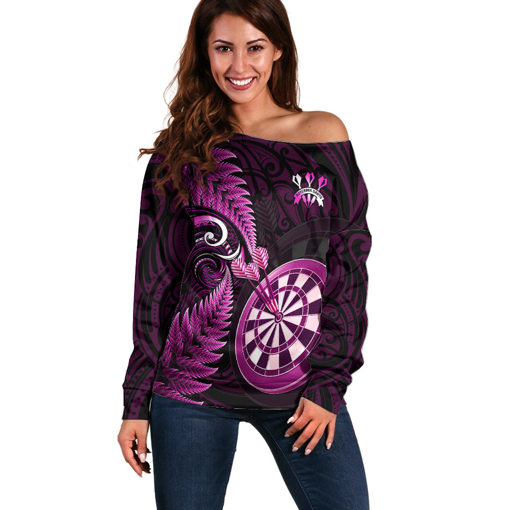 New Zealand Darts Off Shoulder Sweater Happiness Is A Tight Threesome Maori Pink LT14 Women Pink - Polynesian Pride