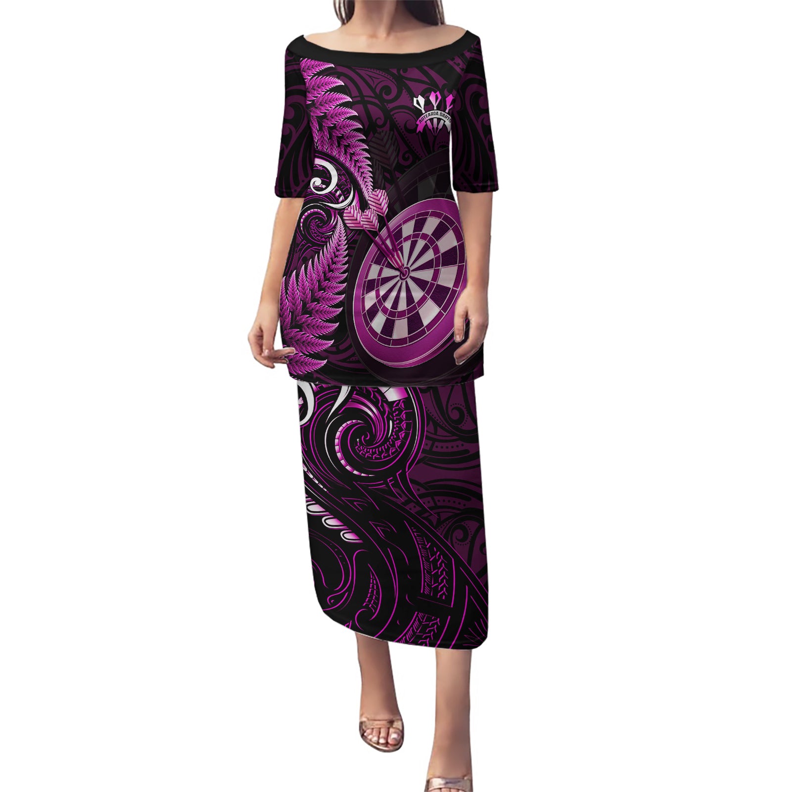 New Zealand Darts Puletasi Happiness Is A Tight Threesome Maori Pink LT14 Long Dress Pink - Polynesian Pride