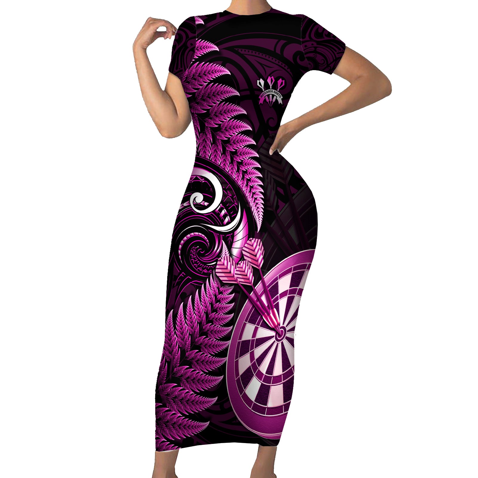 New Zealand Darts Short Sleeve Bodycon Dress Happiness Is A Tight Threesome Maori Pink LT14 Long Dress Pink - Polynesian Pride