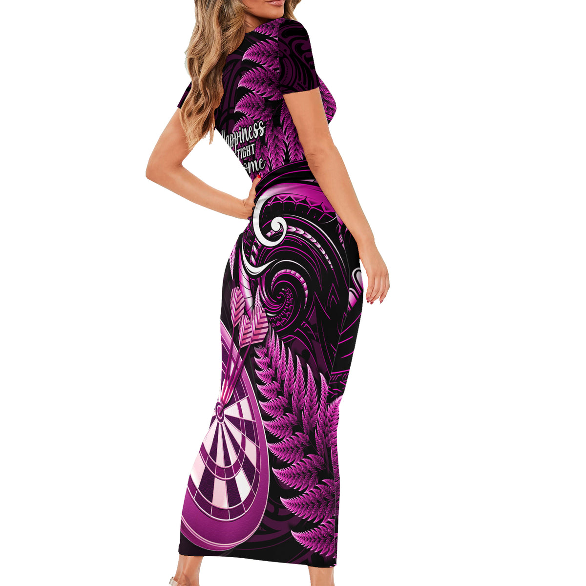 New Zealand Darts Short Sleeve Bodycon Dress Happiness Is A Tight Threesome Maori Pink LT14 - Polynesian Pride