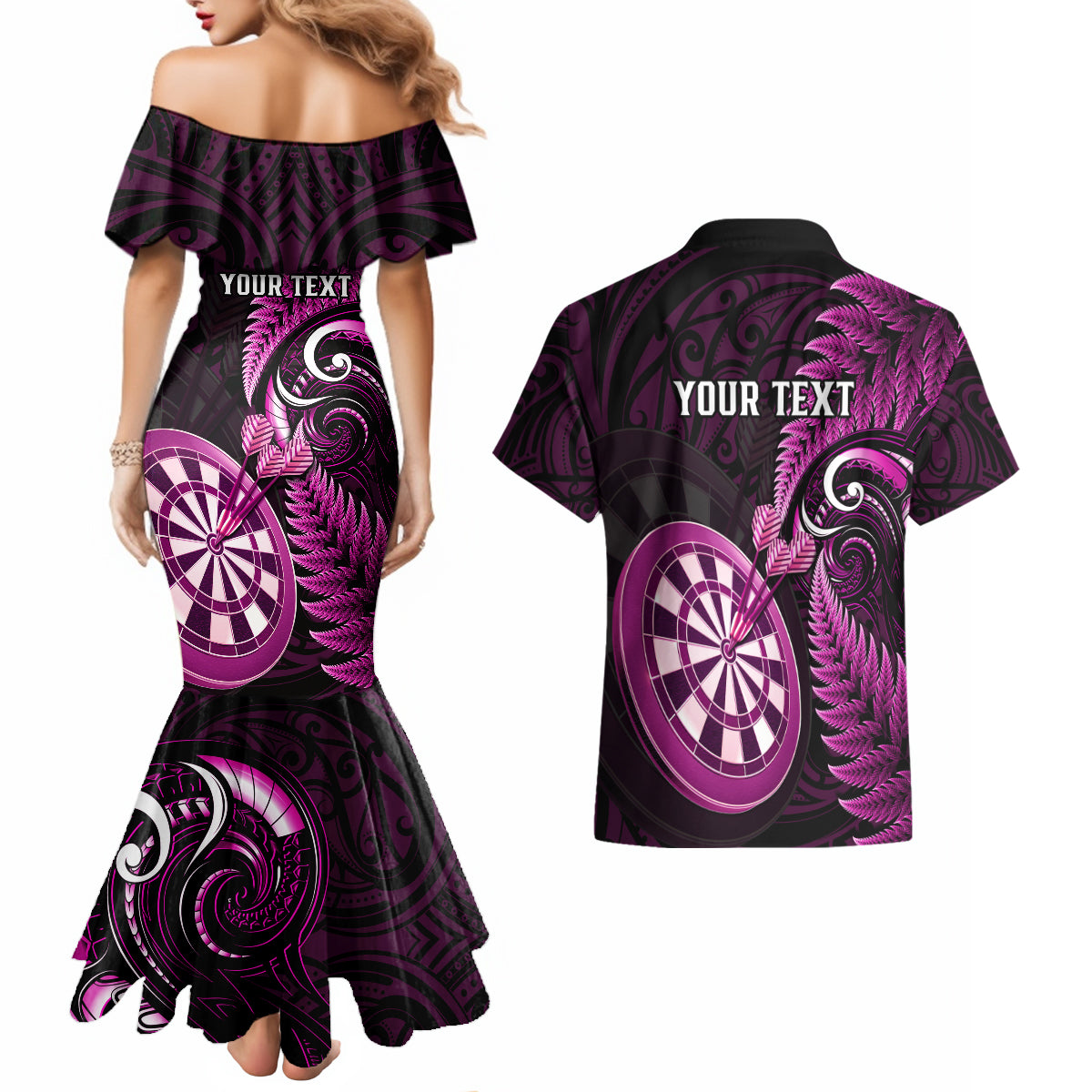 Personalised New Zealand Darts Couples Matching Mermaid Dress and Hawaiian Shirt Happiness Is A Tight Threesome Maori Pink LT14 - Polynesian Pride