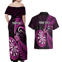 Personalised New Zealand Darts Couples Matching Off Shoulder Maxi Dress and Hawaiian Shirt Happiness Is A Tight Threesome Maori Pink LT14 - Polynesian Pride