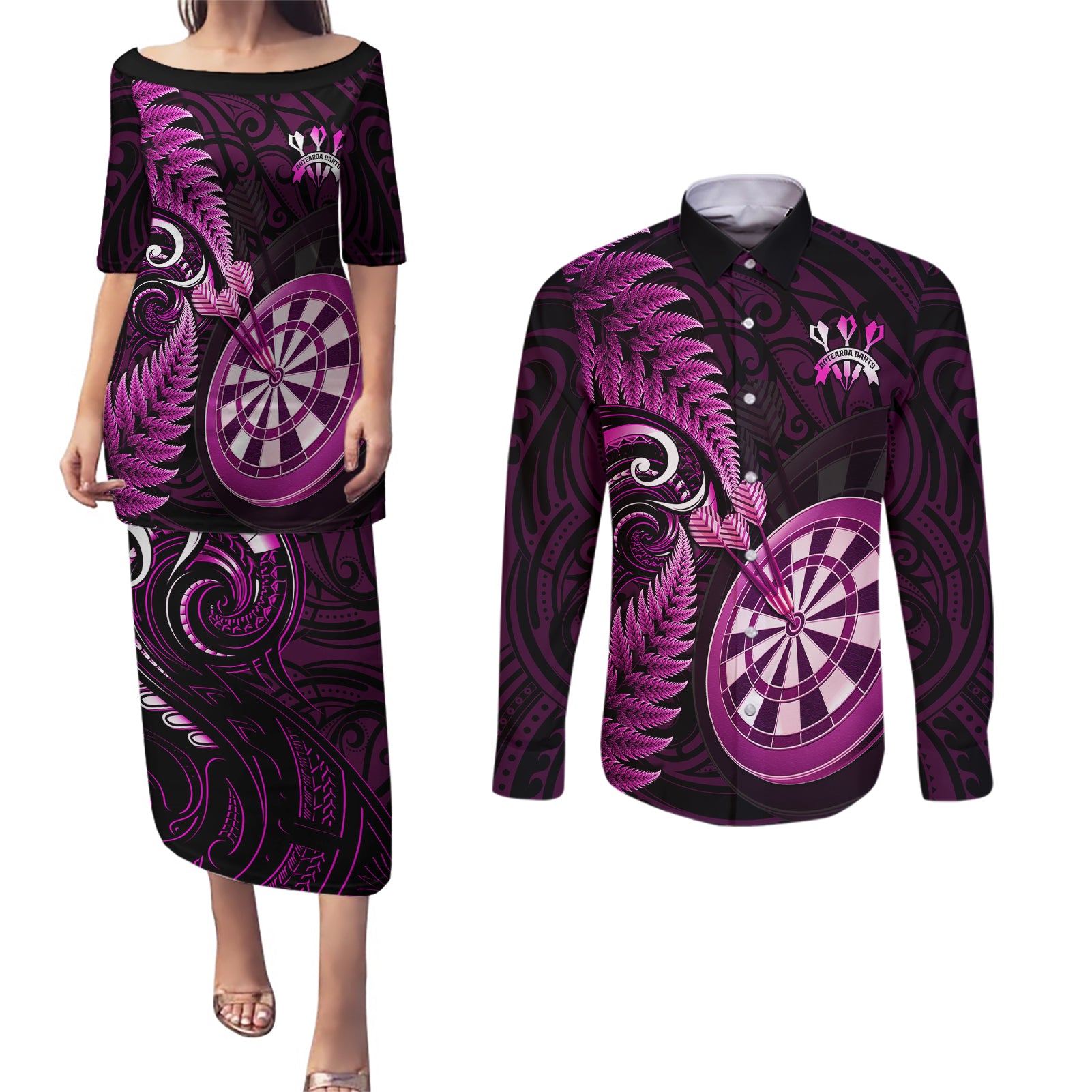 Personalised New Zealand Darts Couples Matching Puletasi Dress and Long Sleeve Button Shirts Happiness Is A Tight Threesome Maori Pink LT14 Pink - Polynesian Pride