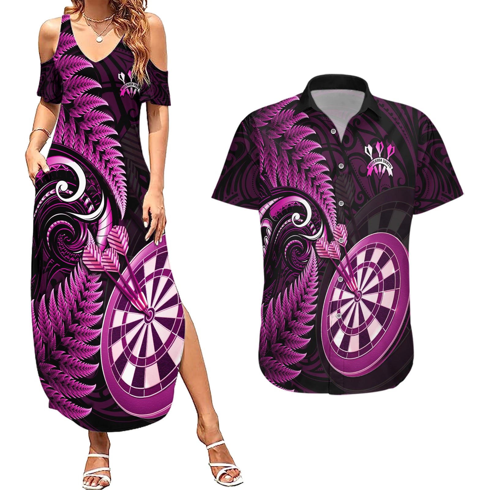 Personalised New Zealand Darts Couples Matching Summer Maxi Dress and Hawaiian Shirt Happiness Is A Tight Threesome Maori Pink LT14 Pink - Polynesian Pride