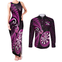 Personalised New Zealand Darts Couples Matching Tank Maxi Dress and Long Sleeve Button Shirts Happiness Is A Tight Threesome Maori Pink LT14 Pink - Polynesian Pride